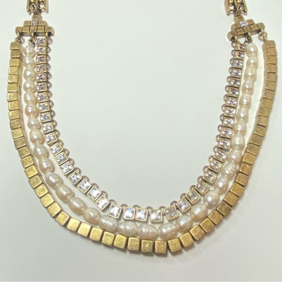 Ann‎ Taylor Vintage Long Panther Chain Faux Pearl Rhinestone Antique Gold Tone - Picture 4 of 12